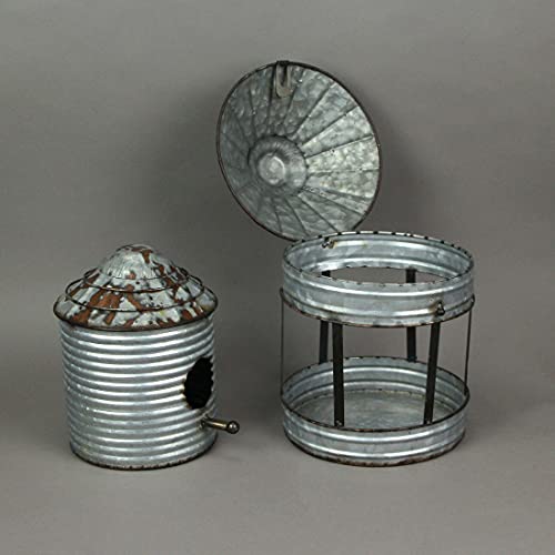Galvanized Grey Metal Farm Silo Standing Birdhouse And Bird Feeder Set Of 2 Western Outdoor Décor 8 Inch Diameter #TOP4