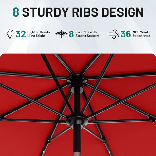 Image of AreShark 9FT Patio Umbrella with Solar Lights, 32 Lighted Pool Umbrella w /Tilt and Crank, Outdoor Market Solar Umbrellas for Garden, Deck, Backyard, Pool and Beach, Red
