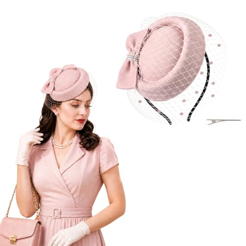 Image of Gkhlg 1 Piece Black Fascinator Pillbox Hat with Veil Bowknot for Women Wedding Funeral Tea Party Formal Events (Nude Pink)