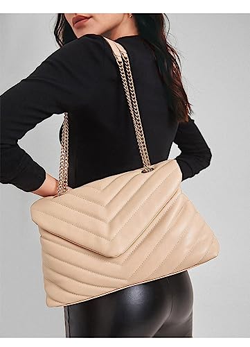Image of Quilted Crossbody Bag for Women, Soft Vegan Chevron Purses, Trendy Shoulder Handbags with Flap