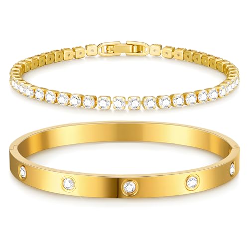 MOTIBACK Gold Bracelet 2pcs Set – Crystal Zircon Gold Bangle Cuff & Cubic Zirconia Tennis Bracelet, Elegant Layered Dainty Chain Jewelry Gift Set for Women & Girls