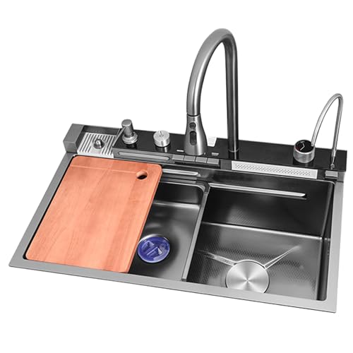 asdchZen Fregadero De Cocina En Cascada De Color Negro Fregadero De Barra De Acero Inoxidable De Un Solo Tazón De Color Negro Estación De Trabajo Estilo Granja con Accesorios Grifo Extraíble