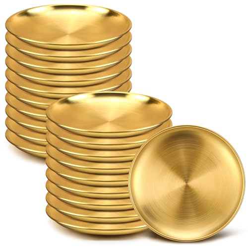 La Mejor Lista de Platos de postre para comprar hoy. 43 Nuogo 20 piezas de platos de acero inoxidable dorados de 5.5 pulgadas, platos de cena dorados, bandeja de servir metálica, platos para postres, para barbacoa, ensalada,...