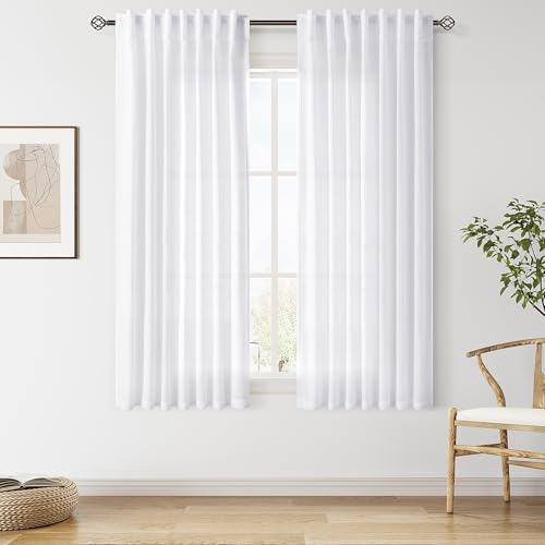 Snow White Linen Curtains 63 Inch Length for Living Room Light Filtering Semi Sheer Curtain Back Tab Luxury Neutral Coastal Modern Farmhouse Decor Drapes for Bedroom Dinner Room 52x63, 2 Panels