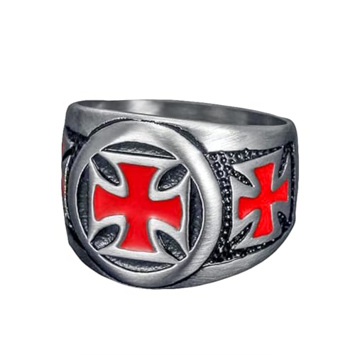 男性用神殿騎士十字軍宗教裁判所リング - ステンレススチール黒/シルバーゴシックリング 赤エナメル付き、ヴィンテージ宗教的軍事ファンタジージュエリー指輪のサイズ28号(US13)