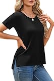 Herou Women Casual Summer Short Sleeve Tops High Low Hem T-Shirts Tees with Side Split Black Medium