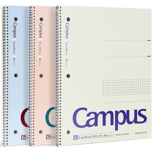 Image of KOKUYO Spiral Notebook with 5x5 Graph Paper, 3 Pack Campus 10-1 /2 inch x 8 inch Subject Notebooks, 80 Sheets, Light Pink Blue Off-White 3 Holes School Spiral Journal for Study Planner Drawing (WSG-SU-400G4x3) | Campus Subject Notebooks, 80 Sheets, 3 Holes School Japanese Grid Ring Journal for Study Planner Drawing, Blue Pink White