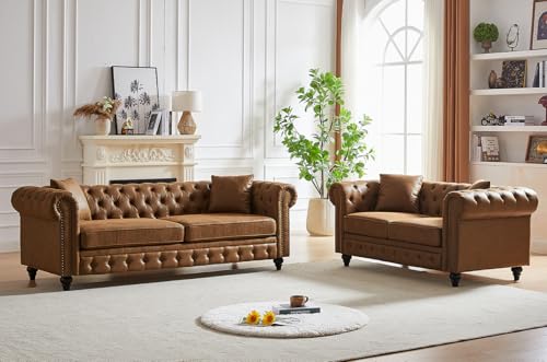Image of Modern Chesterfield Sofa Set for Living Room, 2 Piece Faux Leather Furniture Sets 3 Seater Couch&Loveseat Sofa with Rolled Arms and Tufted Button, Office, Brown