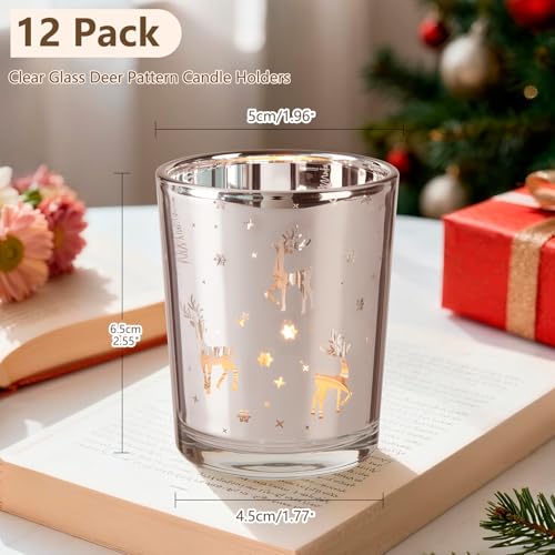 BPFY シルバーキャンドルホルダー クリスマス用 2x2.5インチ マーキュリーガラス ティーライトホルダー スノーフレーク&トナカイのカットアウト付き 休日の装飾 冬の結婚式 ホームテーブルセンターピース 12個パック [2]