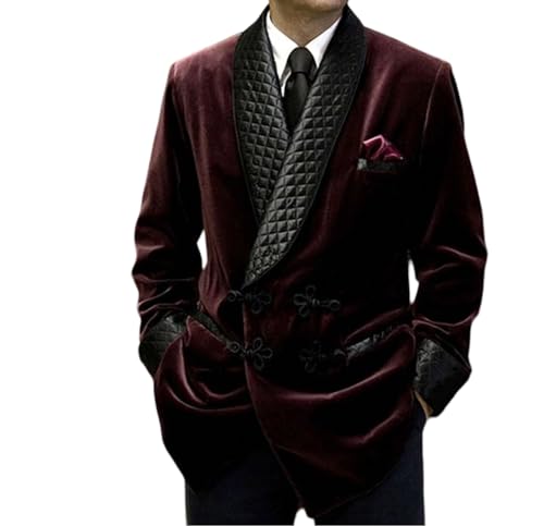 Smoking Jacket for Men, Quilted Smoking Robe, Burgundy Velvet Coat, Smoking Jackets 3XL, Double Breasted Coat3