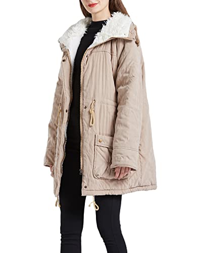 MEWOW Women's Winter Mid Length Thick Warm Faux Lamb Wool Lined Jacket Coat (XS, Light Khaki)