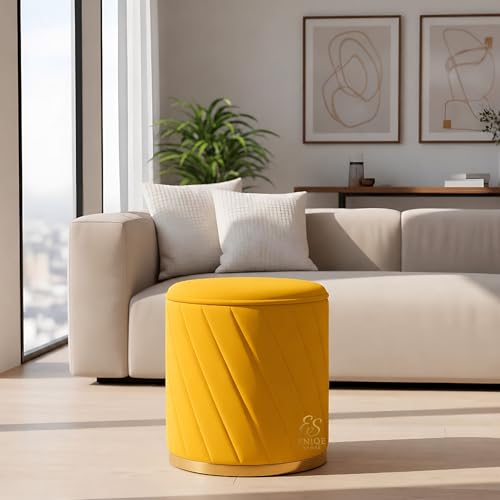 Image of Luxury Round Velvet Ottoman Stool with Gold Base - Modern Upholstered Footrest Pouffe, Tufted Vanity Seat, Living Room Bedroom Dressing Stool (Yellow)