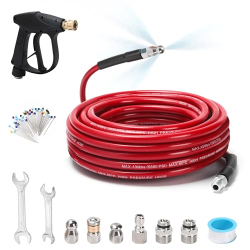Sewer Jetter Kit for Pressure Washer 50 FT Drain Cleaner Hose with Power Washer Gun 1/4 Inch NPT Corner Rotating and Button Nose Sewer Jetting Nozzle Waterproof Tape Pearl Corsage Pin Spanner