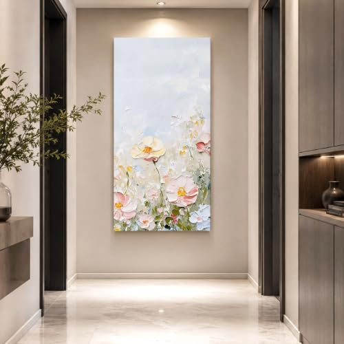 Wood Canvas Wall Art, Pastel Flower Blooms Large Wall Decor
