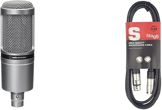 Audio-Technica AT2020 Cardioid Condenser Microphone XLR connection for voiceover, podcasting, streaming and recording & Stagg SMC3 3m XLR to XLR Plug Microphone Cable, Black