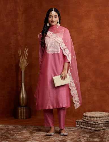 Image of Amazon Brand - Myx Women's Kurta Pant Set with Embroidered Organza Dupatta|A-line fit (Available in Plus Sizes)