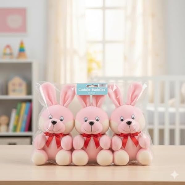 Cute Pink Bunny Soft Toy Pack of 3 | Super Soft Plush Rabbit Trio with Ribbon Bow | Huggable Stuffed Animals for Babies & Toddlers Set for Kids, Birthday & Baby Shower -Pack of 3