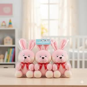 Cute Pink Bunny Soft Toy Pack of 3 | Super Soft Plush Rabbit Trio with Ribbon Bow | Huggable Stuffed Animals for Babies & Toddlers Set for Kids, Birthday & Baby Shower -Pack of 3