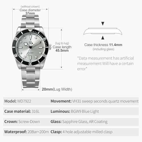 Image of watchdives VH31 Quartz Watches, WD7922 BB54 Mens Watch 37mm Sapphire Crystal Luxury Wrist Watch 20Bar Diver Watches Analog Luminous Watch