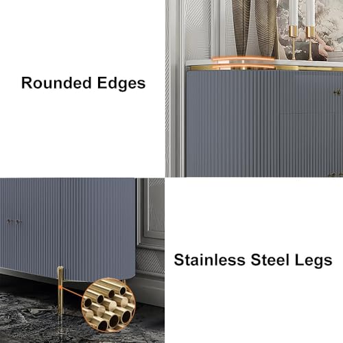 Image of Modern Console Table, 55 x 15 x 30 inch, White Ribbed Design, Marble Top, Gold Accents, 4-Door Storage Cabinet, Waterproof Plywood, PVD-Coated Legs, Elegant Entryway (Grey)