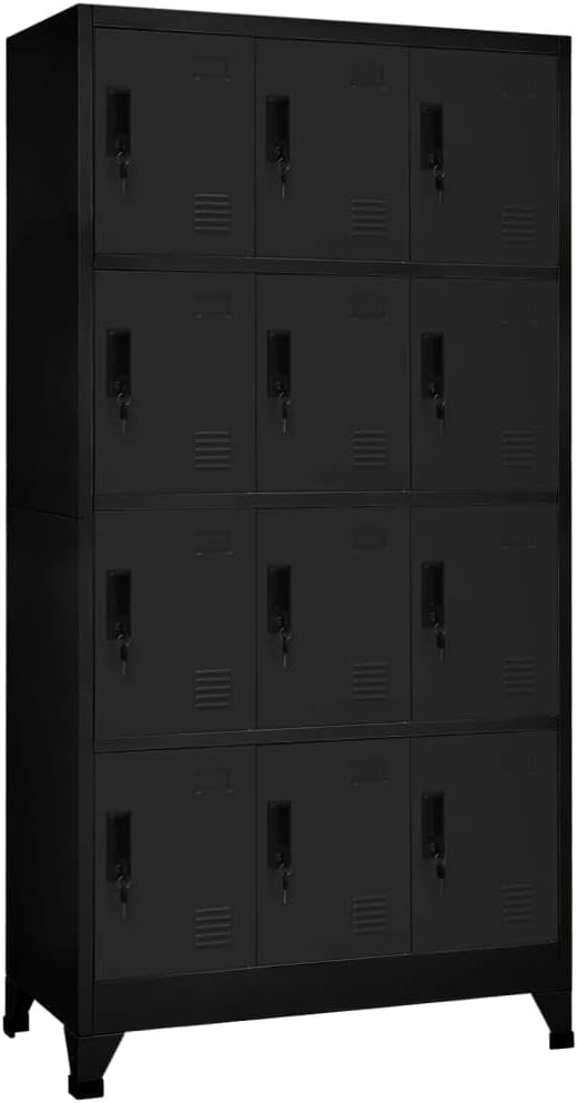 12 Compartment Modern Cabinet Storage with Secure Locks, Black Steel Locker Cabinet for Office and School Organization