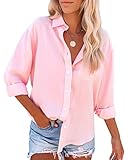 siliteelon Womens Button Down Shirts Cotton Dress Shirts Long Sleeve Blouses V Neck Solid Casual Tunics Tops with Pockets - Pink L