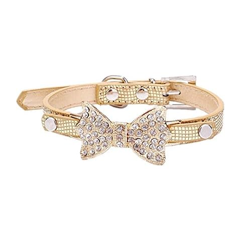 ANKKO Beautiful Crystal Diamond Bow Crocodile Pet Collar Dog Chain For Small / Medium Cats Or Dogs Size S (Gold) Cover