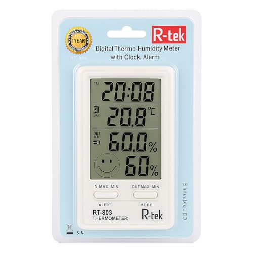 Image of R-TEK Digital Temperature Humidity Meter Hygrometer Thermo Room LCD Display Indoor Weather Sensor with Alarm Clock for Home Office Labs Monitoring Gauge Date time (RT-803)