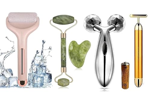 MERIOX Jade Roller and Gua Sha Tool 100% Natural Stone, Ice Roller Face Massager, 3D Face and Body Massager Roller, T Shape Gold Energy Beauty Bar Electric Vibration Facial Massage.