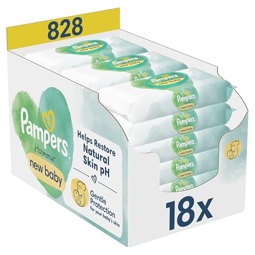 Pampers Harmonie New Baby Toallitas húmedas 18 paquetes de 46 toallitas = 828 toallitas para ayudar a restaurar el pH natural de la piel