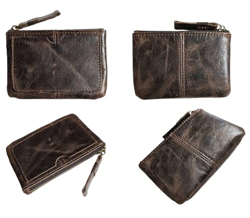 Image of Genuine Leather Coin Purse Pouch for Women Men Vintage Cowhide Grain Leather Slim Mini Wallet Metal Zipper with Real Leather handle, #09 Dark Brown, 1-Pack, Retro Vintage