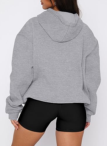 onlypuff Women Solid Basic Fleece Letter Loose Hoodie Sweatshirt Long Sleeve Kangaroo Pocket Drop Shoulder Pullovers Top Grey S