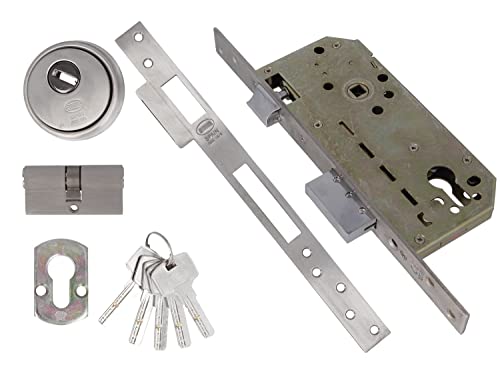 Amig - Cerradura de Embutir Mod.200 con Cilindro de Seguridad y Escudo + 5 Llaves - Para Puertas de Madera de Entrada - Con Picaporte Reversible - Para Manillas de 8 mm - De Acero Inoxidable
