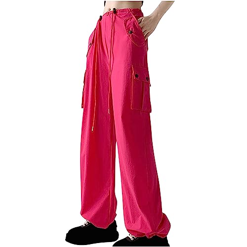 XUNRYAN Cargo Pants Girl Juniors Pants Lightweight Quick Dry Low Waist Baggy Parachute Pants Wide Leg Joggers Preppy Clothes Hot Pink