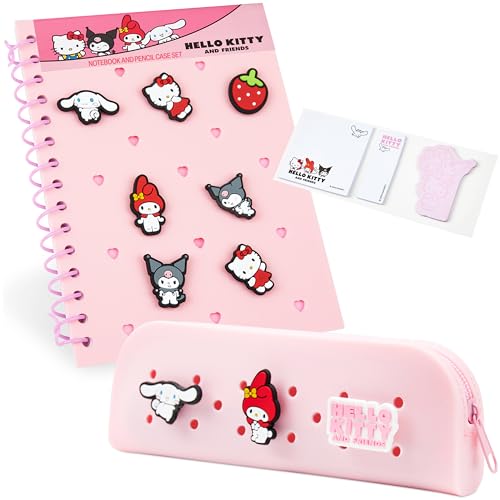 Hello Kitty Agenda Personalizable A5 y Estuche Cremallera, Set de Papeleria Kit Escolar con Pins de Chibi Notas Adhesivas, Regalos Anime