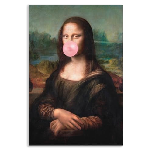 Funny Mona Lisa Canvas Wall Art, Quirky Mona Lisa Bubblegum Renaissance Parody Poster, Antique Feminist Portrait Print, Humor Classical Fine Art Oil Painting for Bedroom Bar Pub 12x16in Unframed