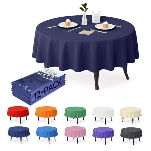 Craft And Party 12-Pack Navy Blue Plastic Tablecloths – 84 Inch Round Disposable Table Covers, Heavy Duty & Waterproof for Parties, Events, Banquets, Navy Blue by Craft And Party - Used condition - US$14.23