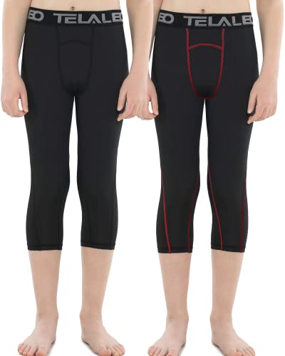 Calça de compressão infantil para meninos da Telaleo com camada de base 3/4 leggings esportivas para
