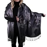 TZ Promise Women Soft Silky Pashmina Reversible Floral Rose Shawl Wrap Scarf w/Fringes (Black-Grey)