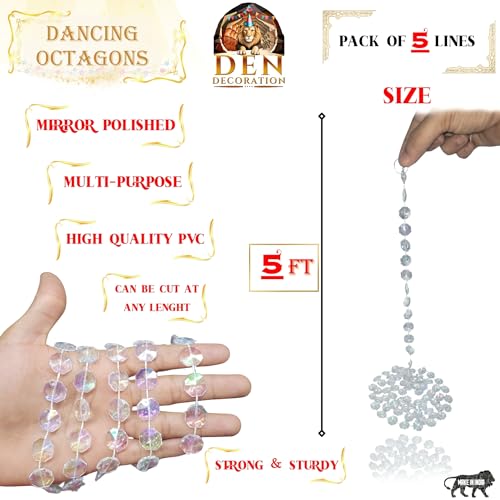 Premium Iridescent Crystal Acrylic Beads String Sequin Chain Garland (5 feet) (Dancing Octagons, Pack of 5 Lines)