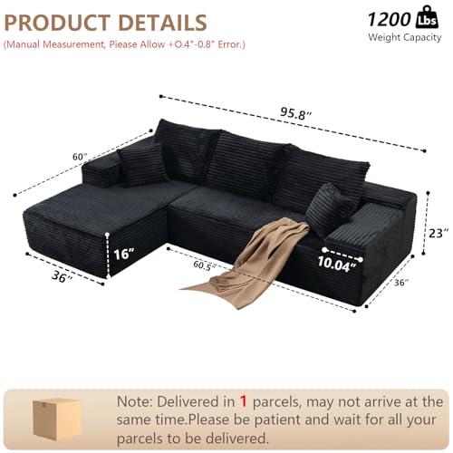Image of 96 inch Modular Sectional Sofa,Modern Corduroy Cloud Couch,Boneless Couch Upholstered 3-Seater L-Shaped Sofa for Living Room,Couch in a Box No Assembly (Black, Left-Facing Chaise)