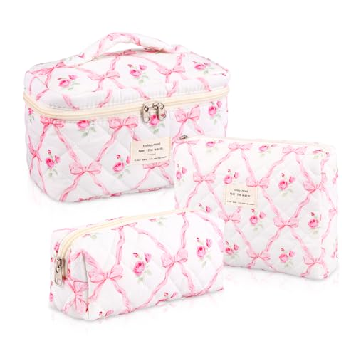Trousse de maquillage matelassée en coton rose fleur (lot de 3) pour voyage
