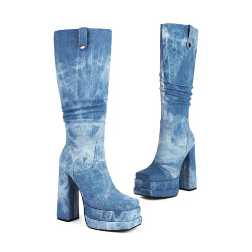 Bottes mi-mollet denim pour vos soirées branchées avec bout carré et talon 14cm