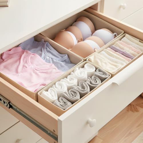 Drawer-Organizer-Set-4-Pack-Foldable-Fabric-Storage-Bins-with-Zipper-Bottom-for-Underwear-Socks-Bras-Baby-Clothes-Closet-Dresser-Organizers-Dividers-for-Bedroom-Nursery-Beige