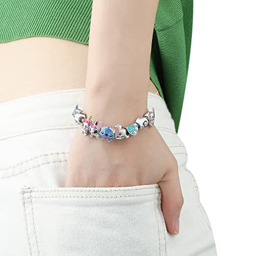 Anime Stitch Stainless Steel Bracelets - Kawaii Stitch Women Bracelet Pandora Charms Snake Chain Ohana Means Family Stitch Bracelet For Girls Women (Silver, 17Cm/6.7In) #TOP5