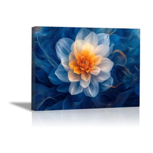 Dahlia bleue cœur orange en impression moderne - Tableau suspendu encadré de style abstrait