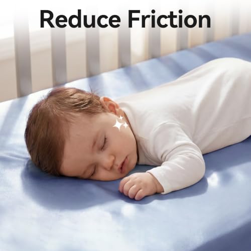 Image of 2 Pack Satin Crib Sheets for Baby Hair Care - Oeko-TEX Certified Silky Soft Fitted Mattress Cover 28x52 - Breathable & Gentle on Skin, Snug Fit for Standard Crib (Light Blue & Haze Blue)
