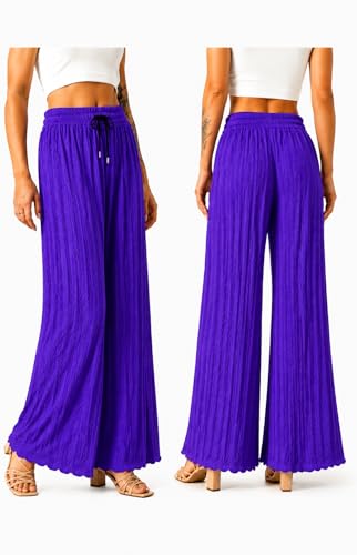 Image of Ebifin Women Pleated Palazzo Pants, Elastic Waist, Free Size, Casual Summer Wide Leg Trousers, Flowy Lightweight Lounge Pants for Travel, Vacation