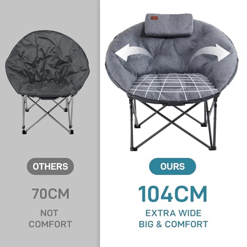 EVER ADVANCED XL Moon Chair for Adults 6cm Padded Garden Saucer Chair, Heavy Duty Camping Foldable Folding Camping with High Back, Super Wide Round Seats for heavy people, supports 150KG Light grey