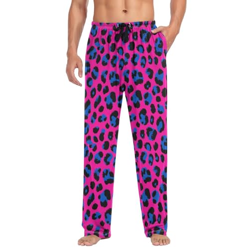 Vdsrup Men's Pajama Pants Blue Leopard Print Pajama Pants for Men PJs Bottoms Drawstring Pockets Pink Sleep Lounge Pants S3